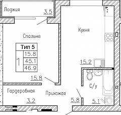 1-комнатную квартиру №25, 46,9 кв. м, на ул Генерала Круковского, 4, второй этаж