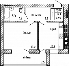 1-комнатная квартира №60, 42,9 кв. м, на ул Генерала Бакланова, 1, 3 подъезд 4 этаж, 3 подъезд южная сторона