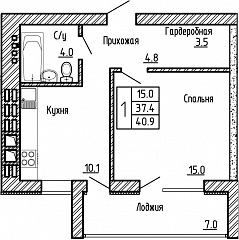1-комнатная квартира №37, 40,9 кв. м, на ул Генерала Бакланова, 1, 2 подъезд 4 этаж, 2 подъезд южная сторона